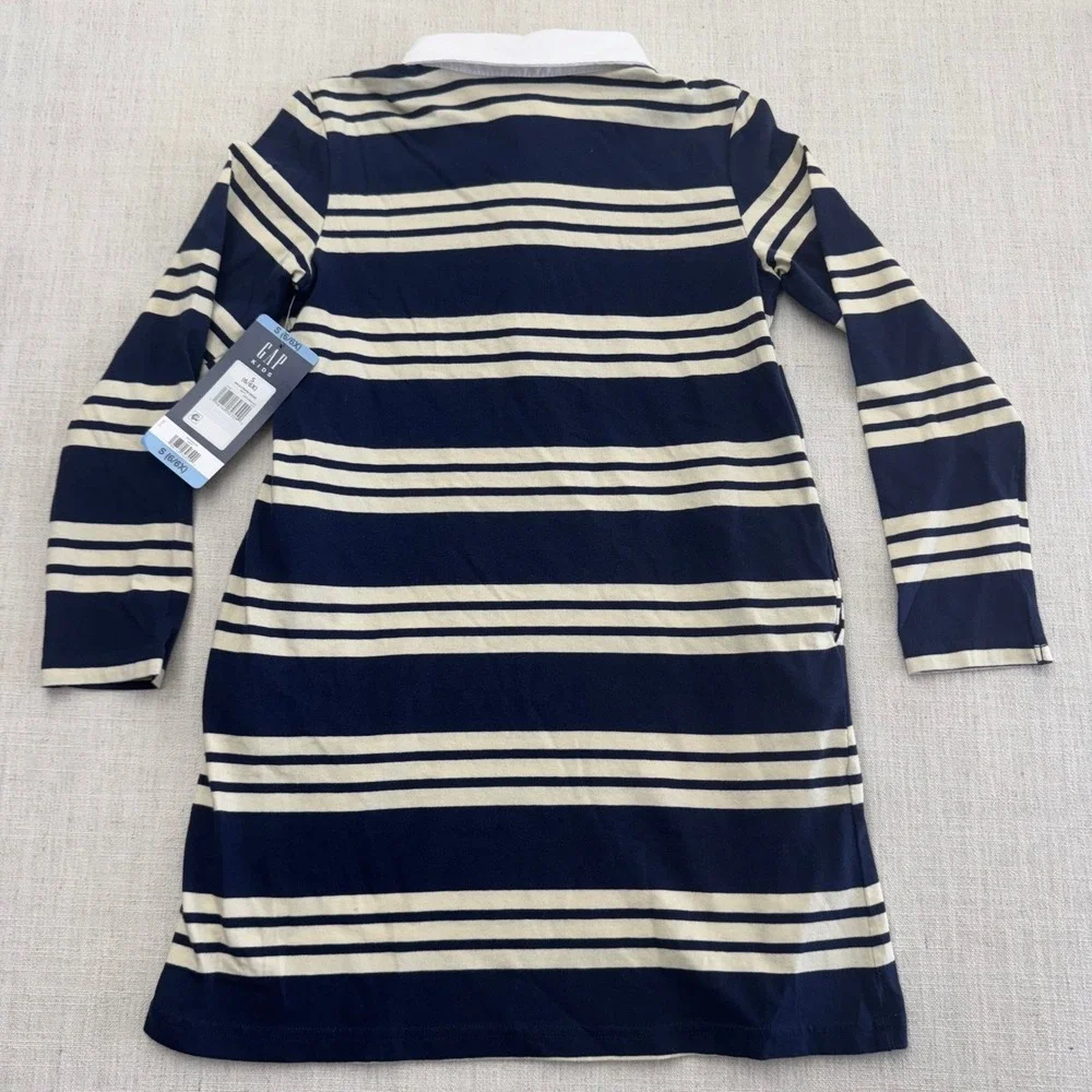 Gap Kids Girls Striped Rugby Dress Navy Cream Long Sleeve Cotton S‎ 6/6X NEW